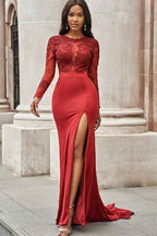 Red Jewel Long Sleeves Appliques Long Mermaid Prom Dress With Front Split