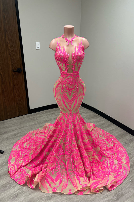 Laser Light Crew Neck Mermaid Prom Dress Sleeveless With Appliques