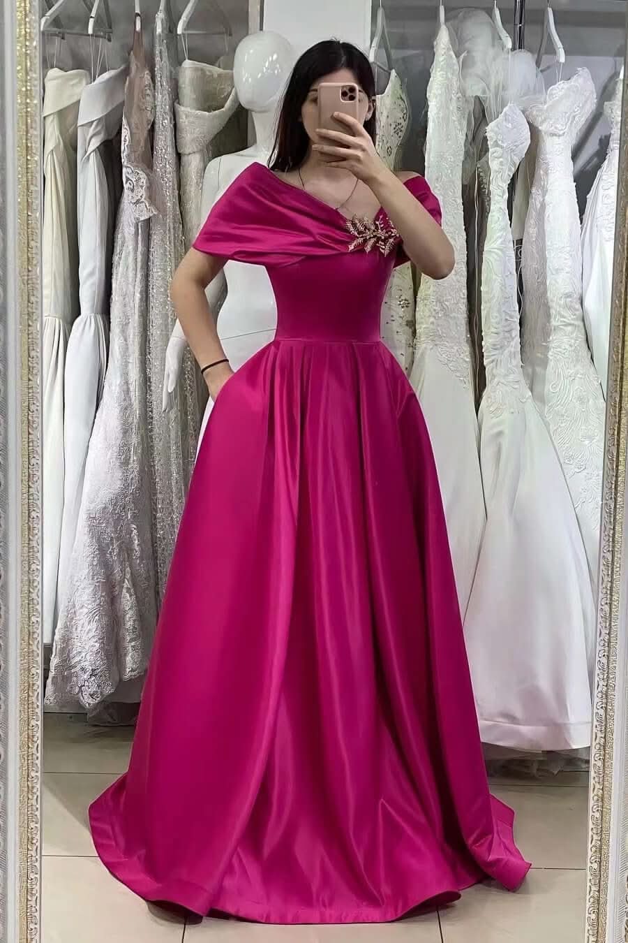 Gorgeous Fuchsia Off-The-Shoulder A-Line Prom Dress with Beadings Online BM bride