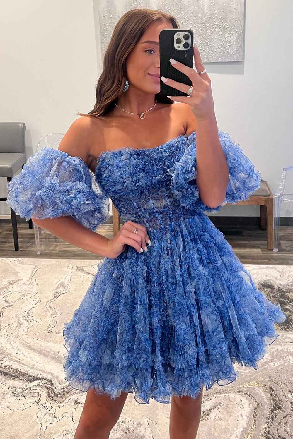 Blue Printed Detachable Sleeves Ruffled Short Homecoming Dress Bmbride