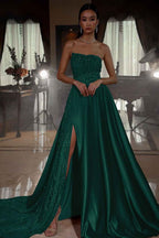 Pink Strapless A Line Sleeveless Sequins Long Prom Dress With Front Split