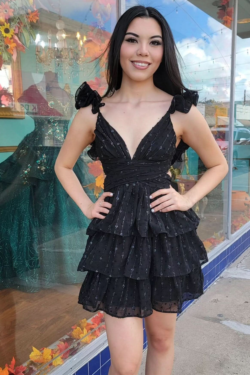 Stylish Black V-Neck Ruffle Lace-Up Tiered Short Party Dress BM bride