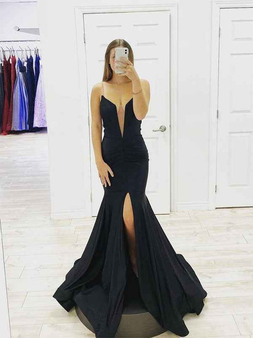 Black Mermaid Strapless Deep V Neck Satin Long Prom Dress with Slit BMBRIDE