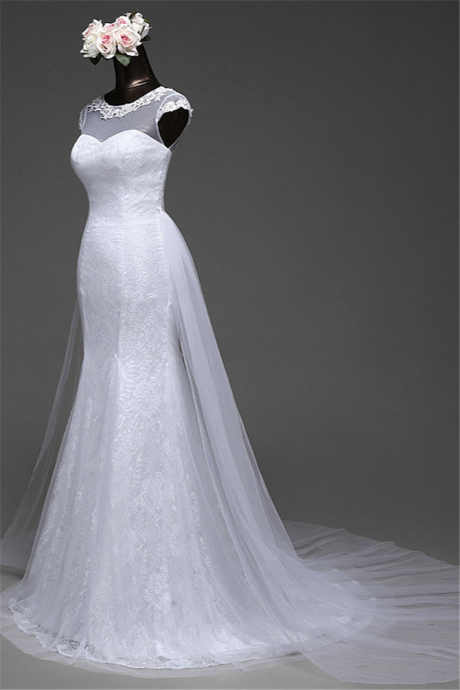 Jewel Neck Long Mermaid Lace Wedding Dress with Tulle Overskirt BM bride