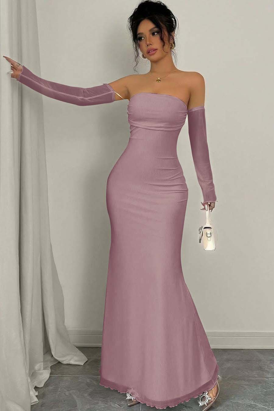 Strapless Long Mermaid Prom Dress With Detachable Sleeves Pleated BMBRIDE