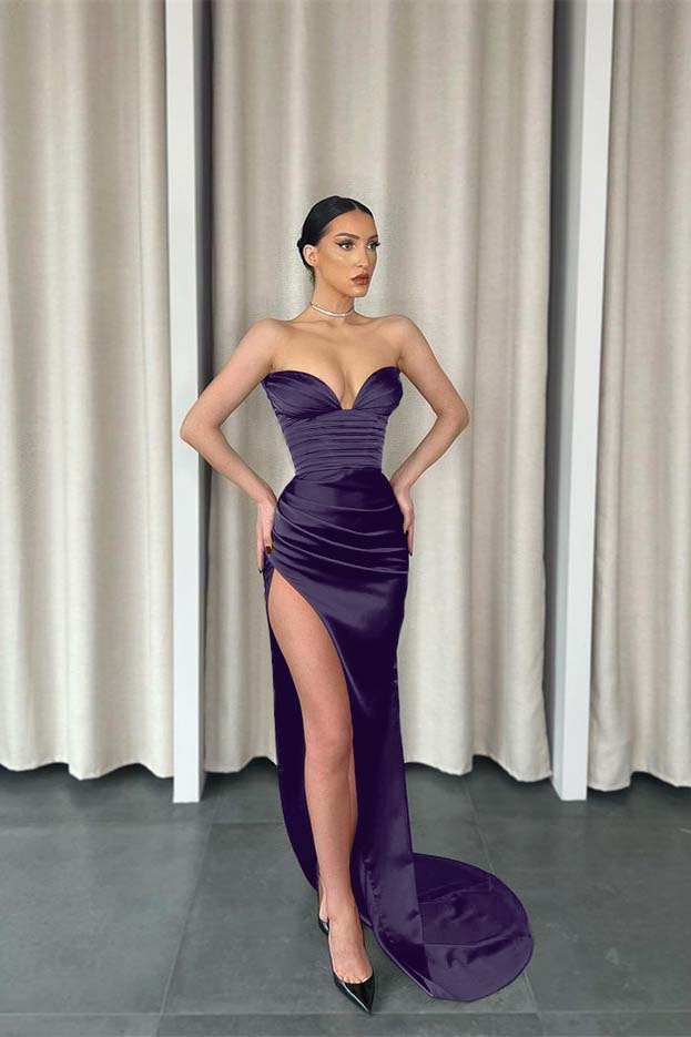 Mermaid Dark Green Sweetheart Sleeveless Pleated Long Prom Dress With Split BMBRIDE