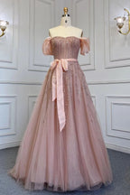 Pink Off-the-Shoulder Bubble Sleeve Prom Dress with Sequins and Tulle Belt BM bride