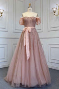 Pink Off the Shoulder Bubble Sleeves Prom Dress Belt With Sequins Tulle