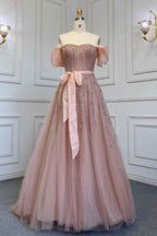 Pink Off the Shoulder Bubble Sleeves Prom Dress Belt With Sequins Tulle