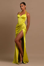 Daffodil Long Prom Dress Halter Ball Gown with Pleated Slit BM bride