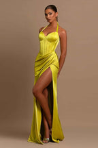Daffodil Long Prom Dress Halter Ball Gown With Pleated Split
