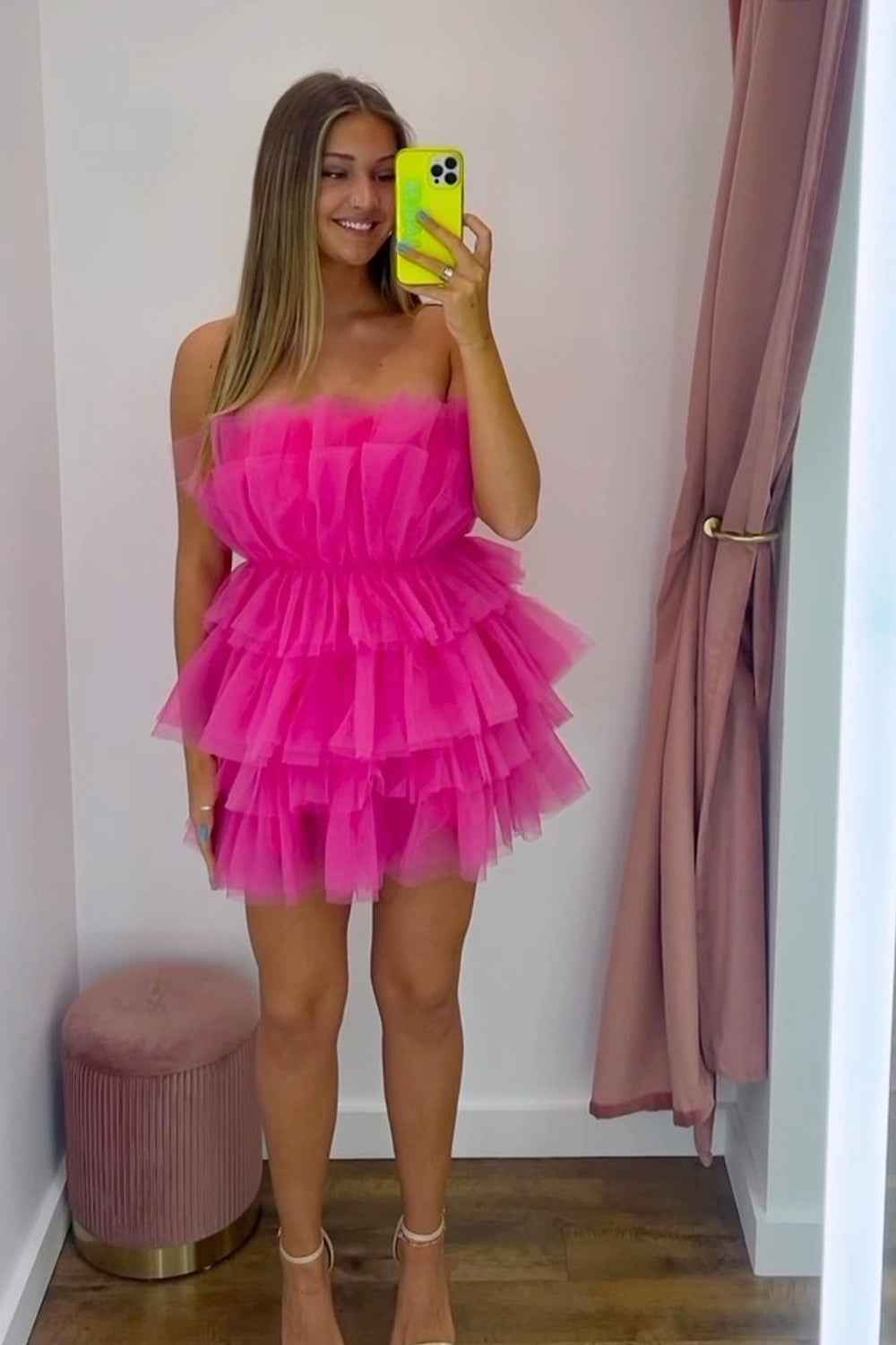 Pink Strapless A-Line Tiered Tulle Short Homecoming Dress