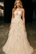 Halter Sleeveless High Waist Long Prom Dress With Pleated Ruffle