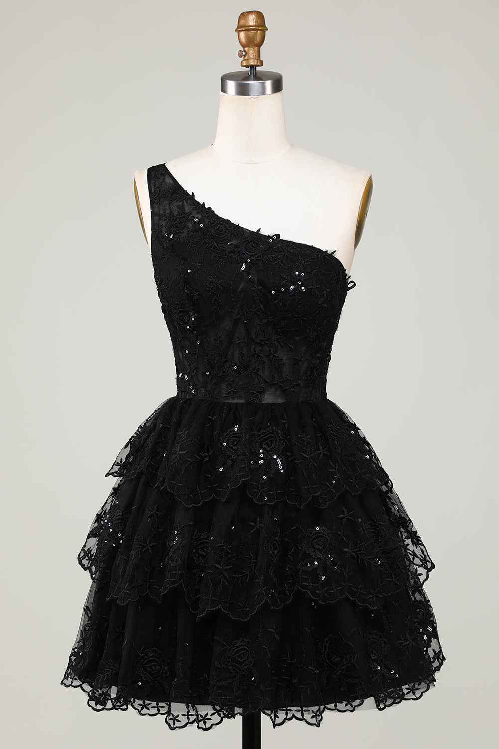Sparkly White Tiered Lace One Shoulder Short Homecoming Dress Bmbride