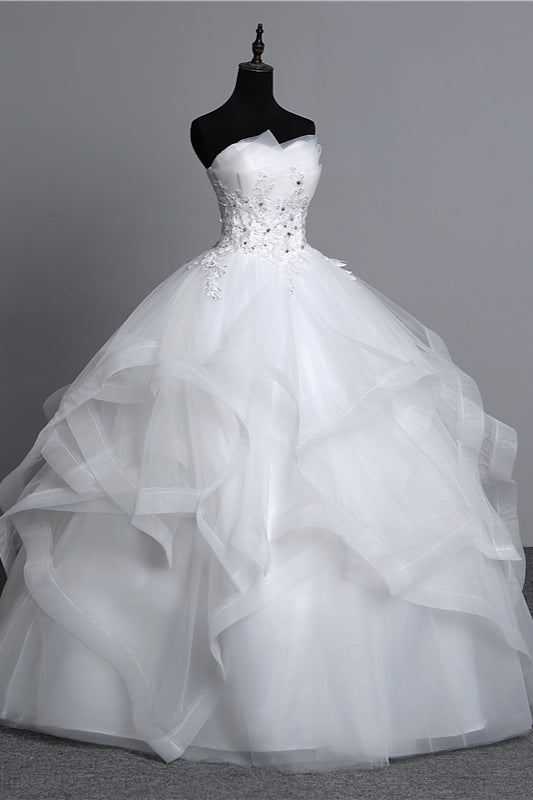 Long Ball Gown Strapless Tulle Layered Wedding Dress with Beaded Appliques BM bride