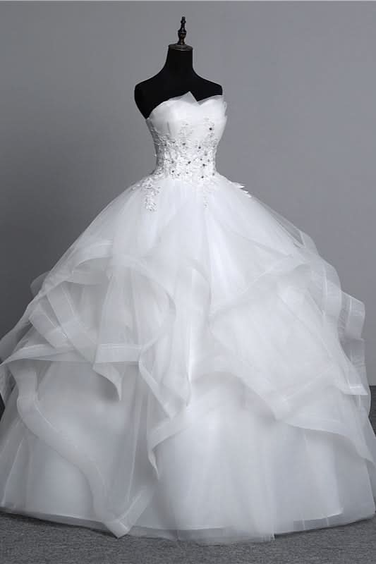 Long Ball Gown Strapless Tulle Layered Wedding Dress with Beaded Appliques BM bride