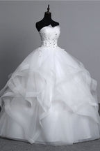 Long Ball Gown Strapless Tulle Layered Wedding Dress with Beaded Appliques BM bride