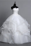 Long Ball Gown Strapless Tulle Layered Wedding Dress with Beaded Appliques BM bride