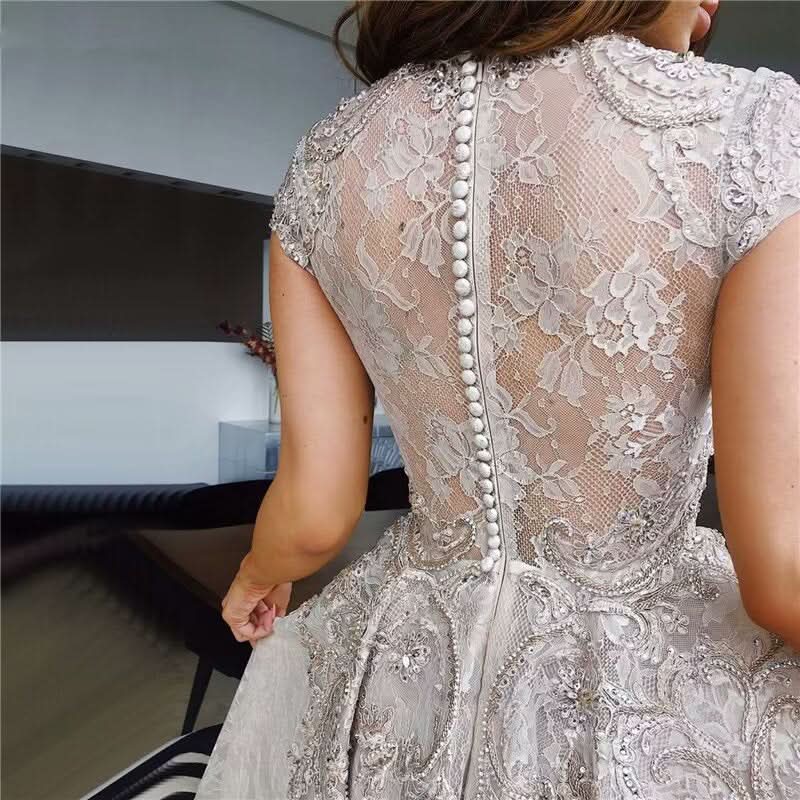 A-Line Sequin Appliques Prom Dress, Long Pleated with Short Sleeves BM bride
