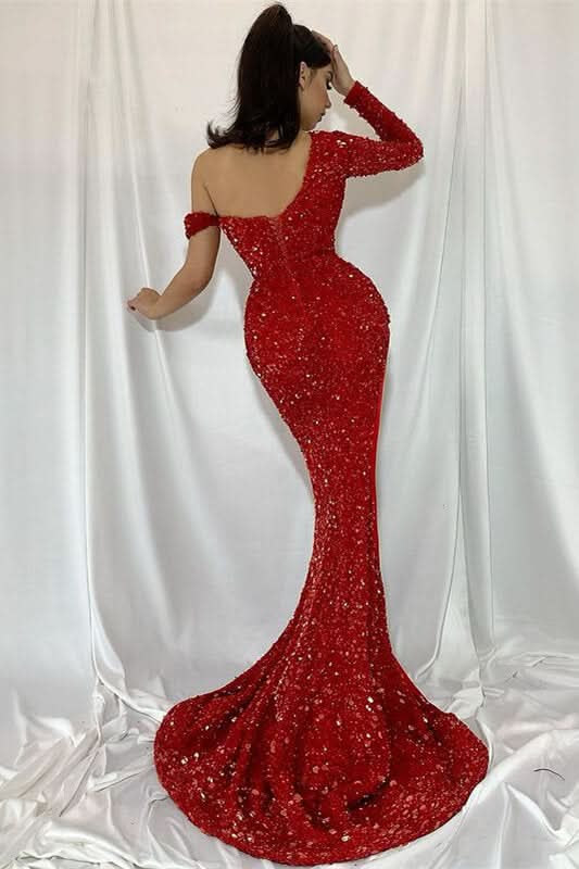 Red One Shoulder Sequins Mermaid Prom Dress with Split BM bride