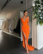 Blushing Pink Pleated V-Neck Prom Dress with High Slit BM bride