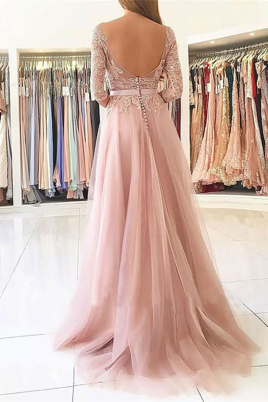 Pink 3/4 Sleeves Prom Dress with Split BM bride