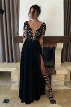 Black Long Sleeve Evening Dress with Split BM bride