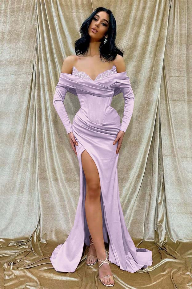 Off the Shoulder Long Sleeves Mermaid Long Prom Dress With Beading BMBRIDE