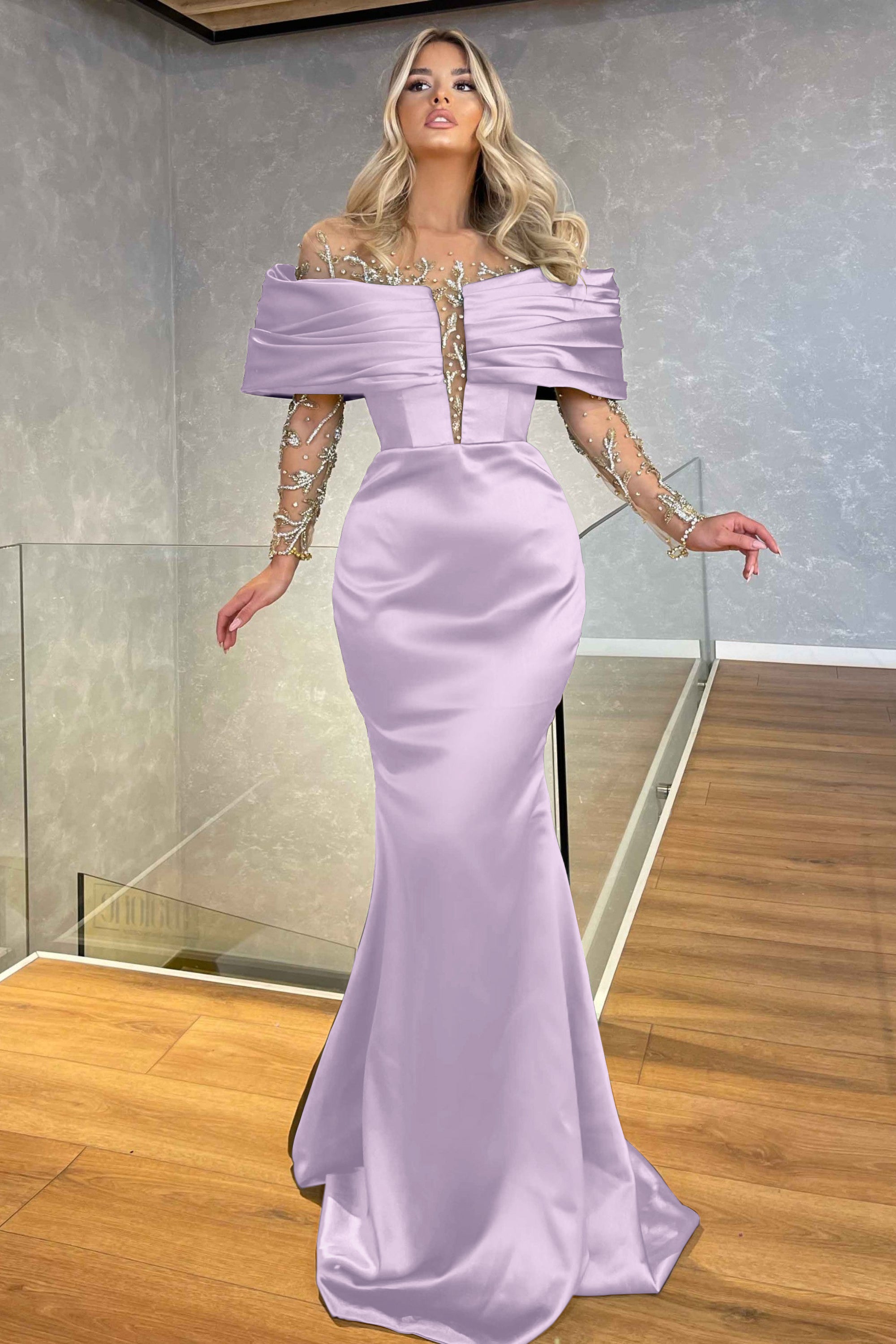 Green Prom Dress Off the Shoulder Long Sleeves Beading Embellished BMBRIDE