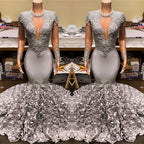 Elegant Long Sleeve V-Neck Mermaid Prom Dress with Appliqued Flowers BM bride