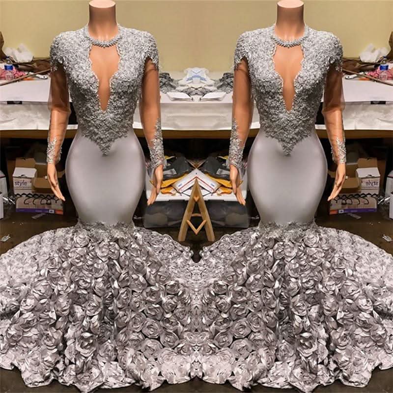 Elegant Long Sleeve V-Neck Mermaid Prom Dress with Appliqued Flowers BM bride