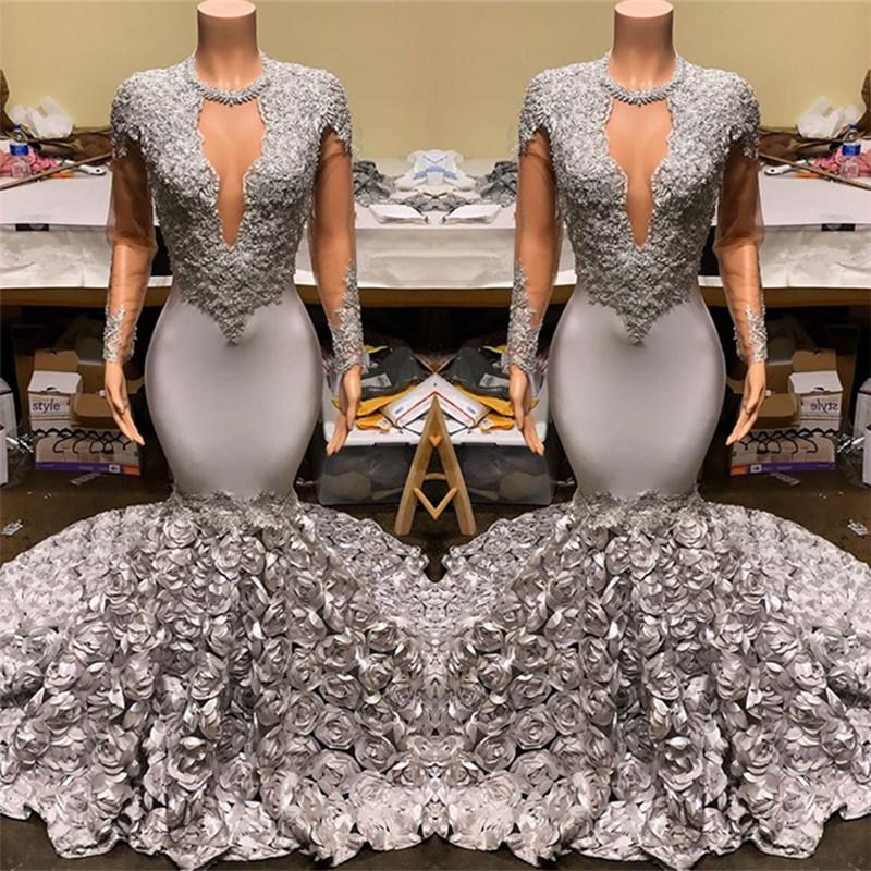 Elegant Mermaid V Neck Prom Dress Appliques Long Sleeves With Flowers Bottom BMBRIDE