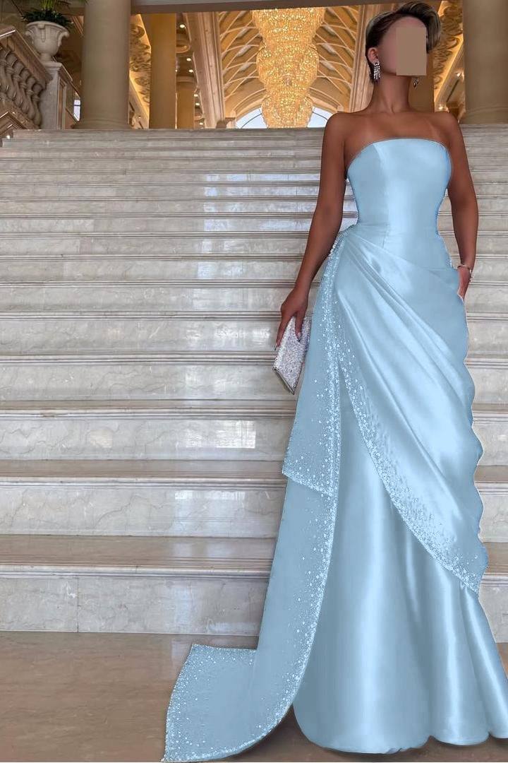Chic Strapless Sleeveless Long Prom Dress With Pleated Beading BMBRIDE