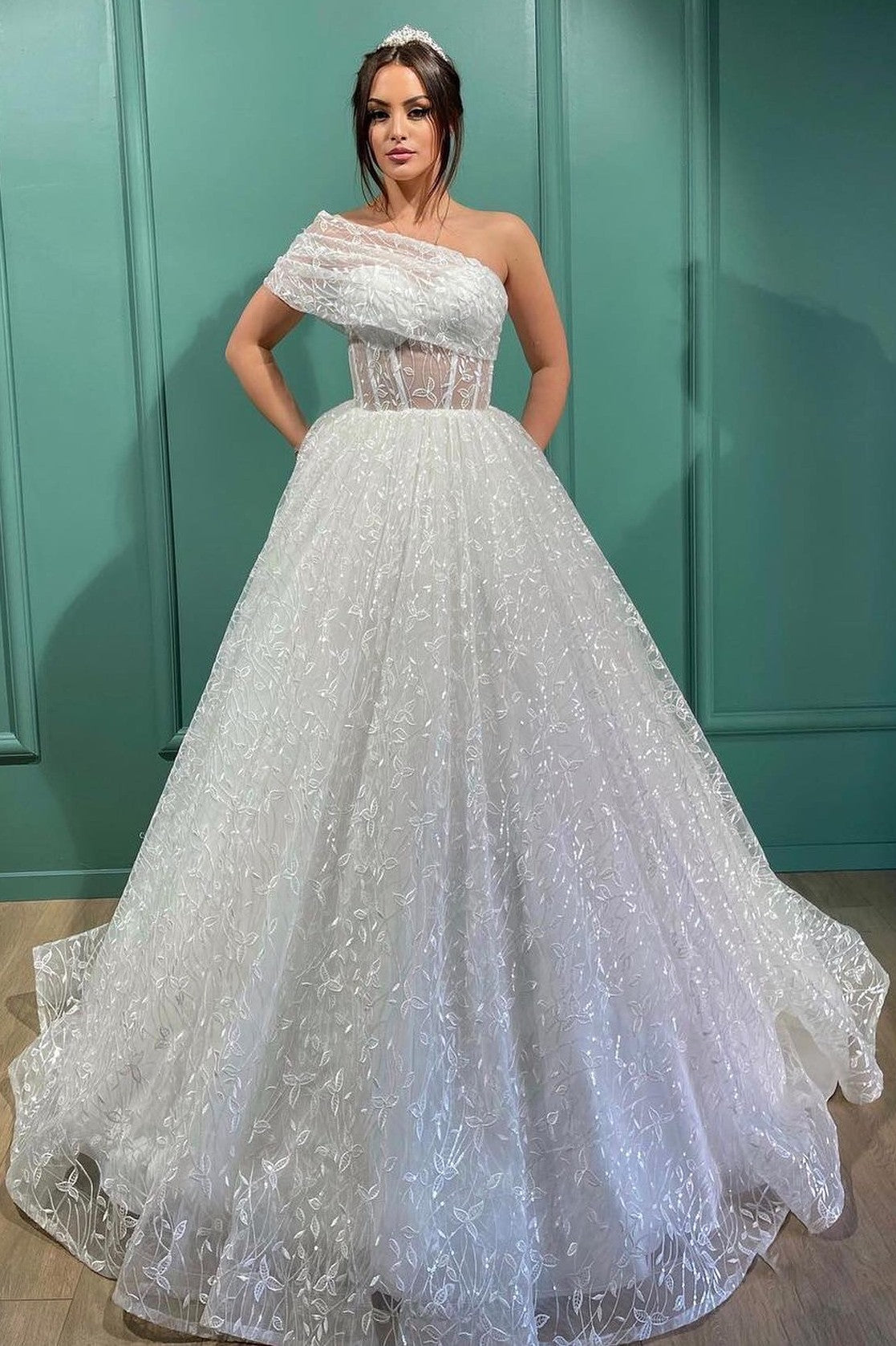 Gorgeous One Shoulder Sleeveless Princess Wedding Dress With Tulle BM bride