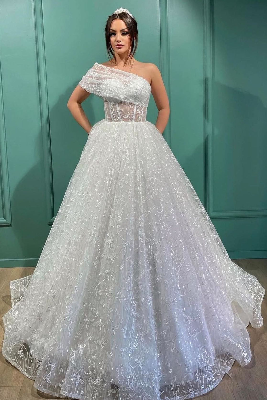 Gorgeous One Shoulder Sleeveless Princess Wedding Dress With Tulle BM bride