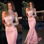 Pink Glamorous High Neck One Shoulder Mermaid Long Prom Dress Long Sleeve