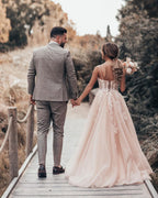 A-Line Spaghetti-Straps Long Wedding Dress With Tulle Lace BM bride