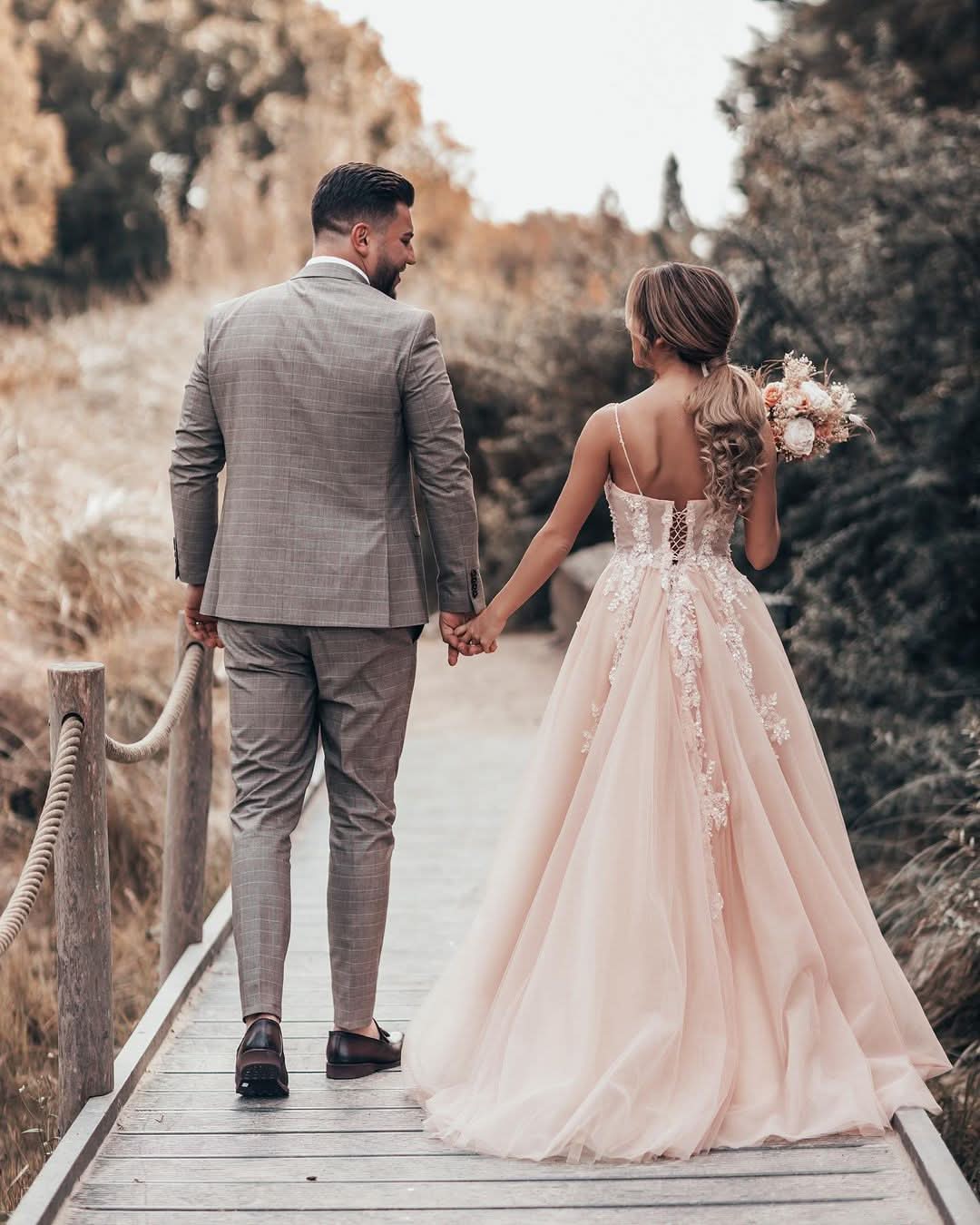 A-Line Spaghetti-Straps Long Wedding Dress With Tulle Lace BM bride
