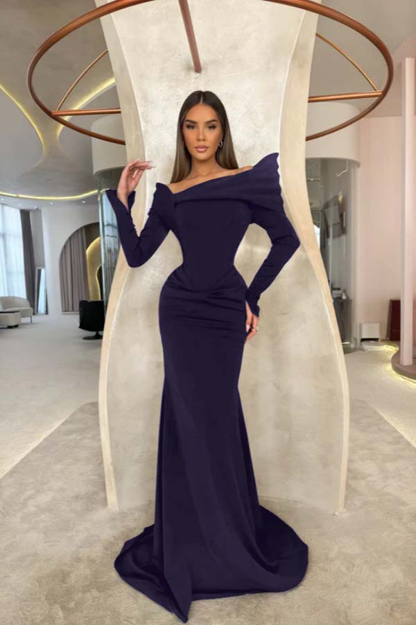 Off the Shoulder Long Sleeves Long Mermaid Prom Dress With Pleated BMBRIDE