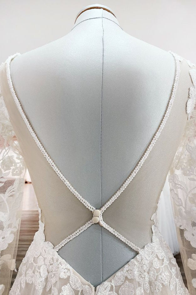 Long Sleeve A-Line Lace Wedding Dress with Open Back and Tulle Appliques BM bride