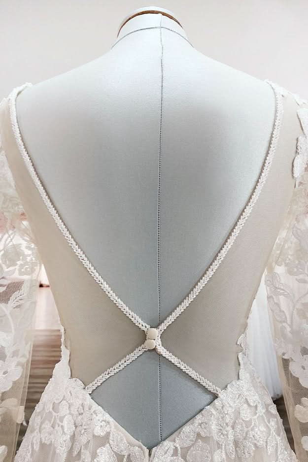 Long Sleeve A-Line Lace Wedding Dress with Open Back and Tulle Appliques BM bride