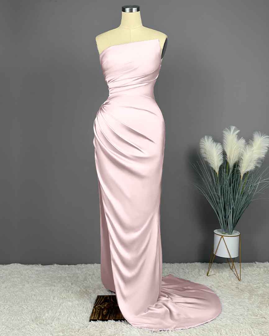 Simple Blue Sleeveless Charmeuse Prom Dress with High Slit and Pleats BM bride