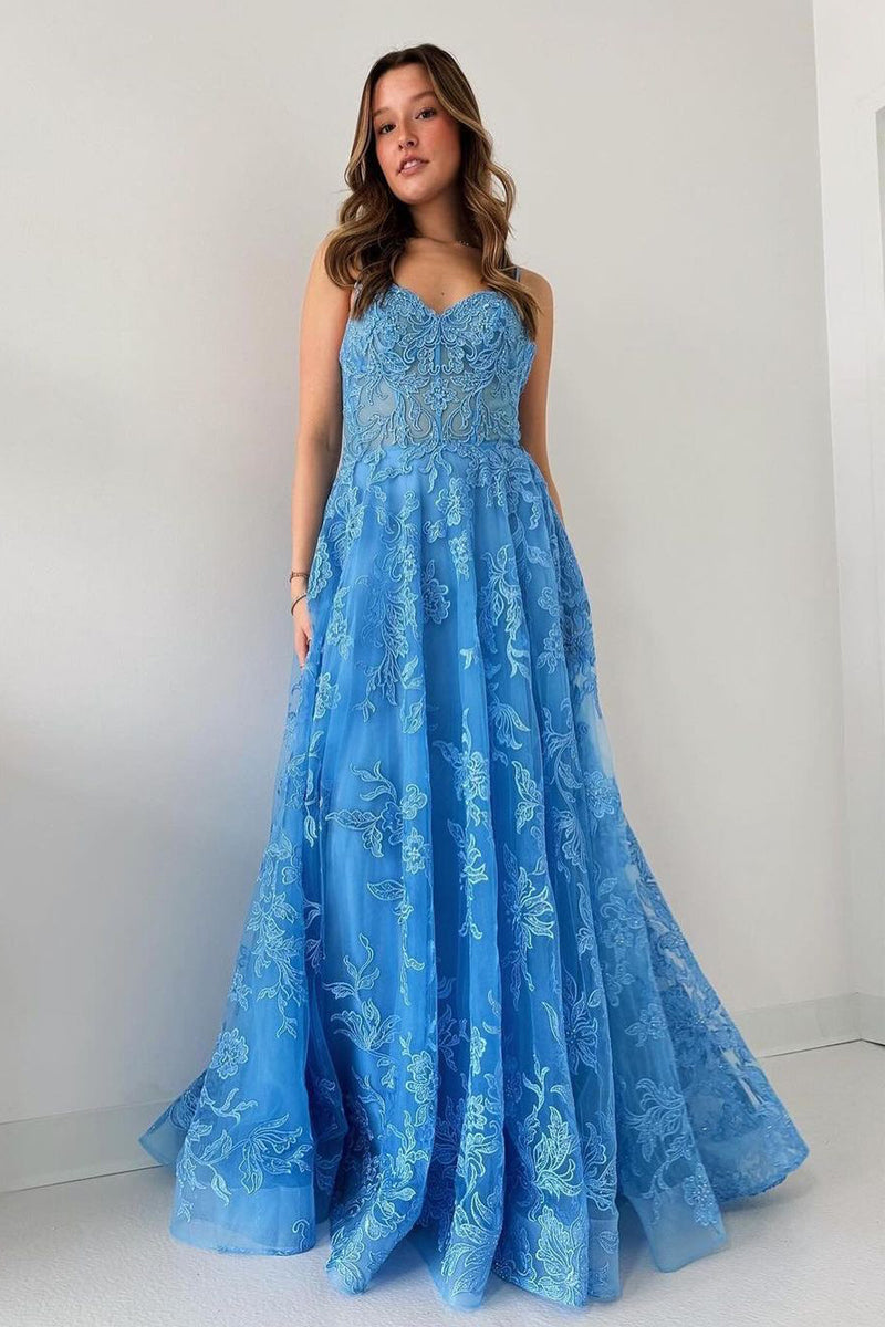 Lovely Blue Spaghetti Straps Tulle Appliques Long Prom Dress BM bride