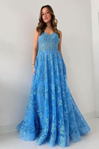 Lovely Blue Spaghetti Straps Tulle Appliques Long Prom Dress BM bride