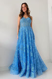 Lovely Blue Spaghetti Straps Tulle Appliques Long Prom Dress BM bride