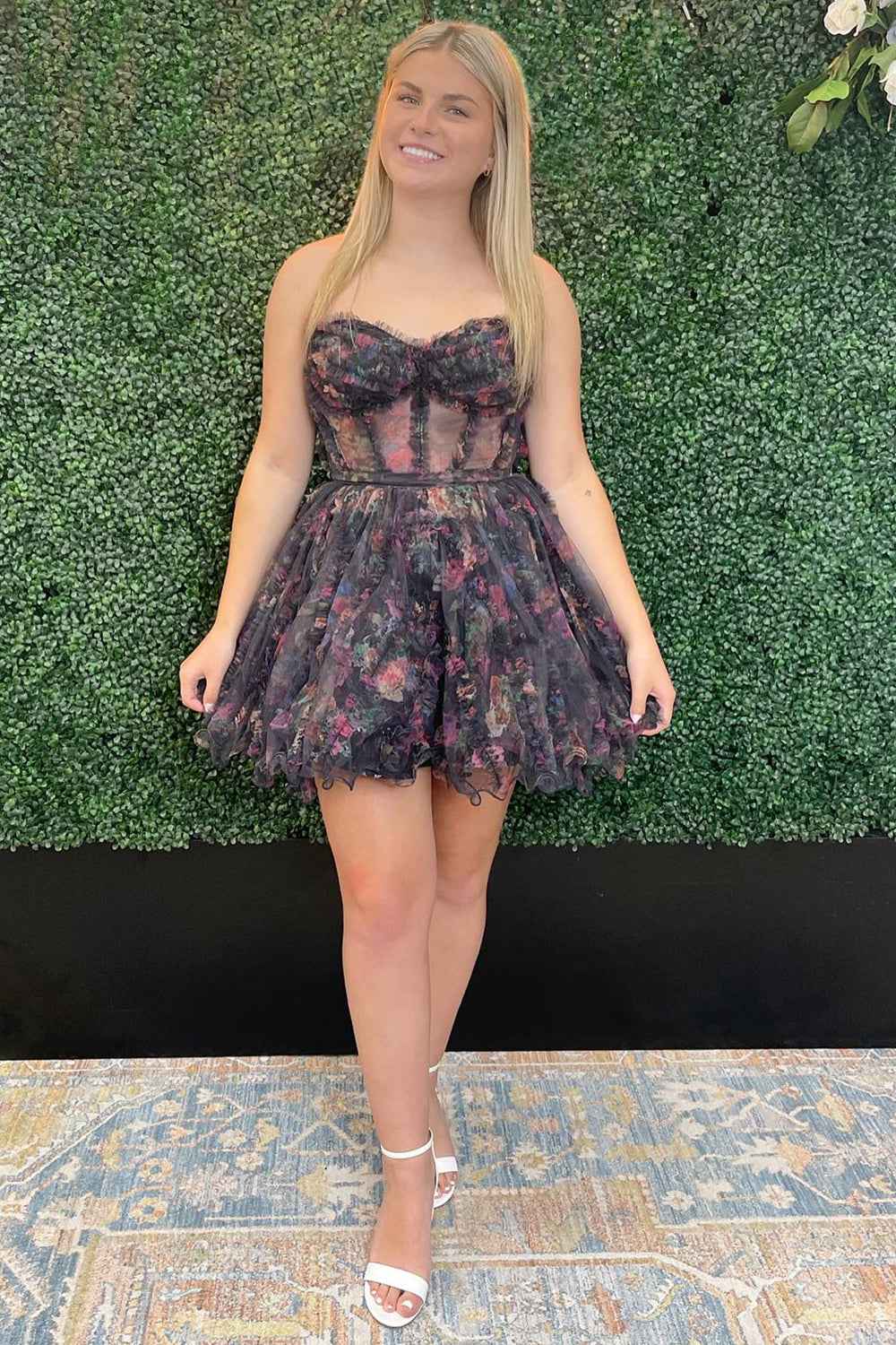 Lilac Corset Sweetheart Floral A-Line Short Homecoming Dress with Ruffles Bmbride