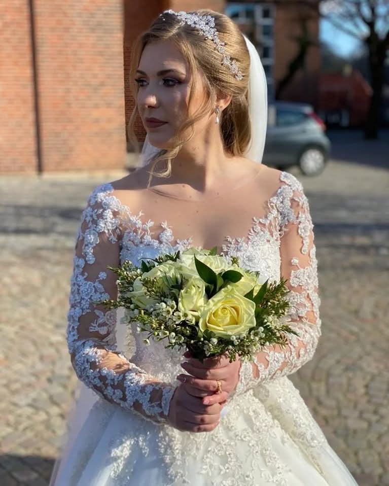 A-Line Sweetheart Wedding Dress with Long Sleeves and Lace Appliques BM bride