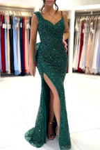 Green Prom Dress Spaghetti Strap With Split Pleated Sequins