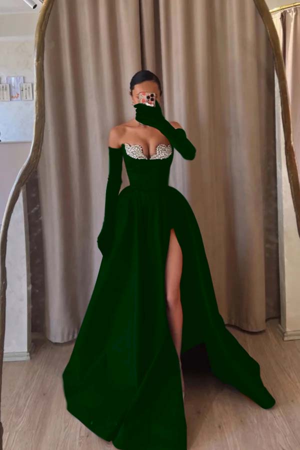 Strapless Sleeveless Long Split Prom Dress With Beading Long Gloves BMBRIDE