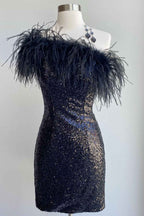Blue Tight Sequins Homecoming Dress with Feathers Bmbride